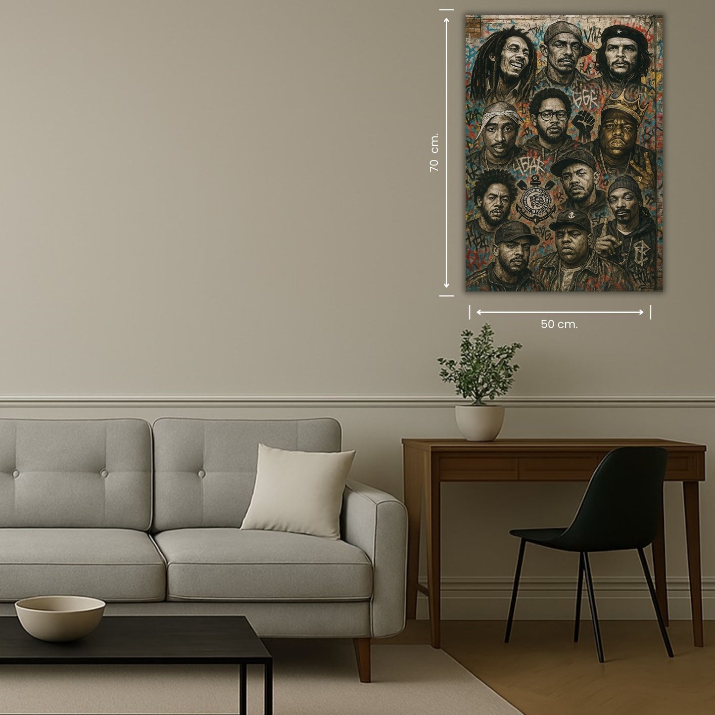 mur recouvert de portraits et de tags colorés