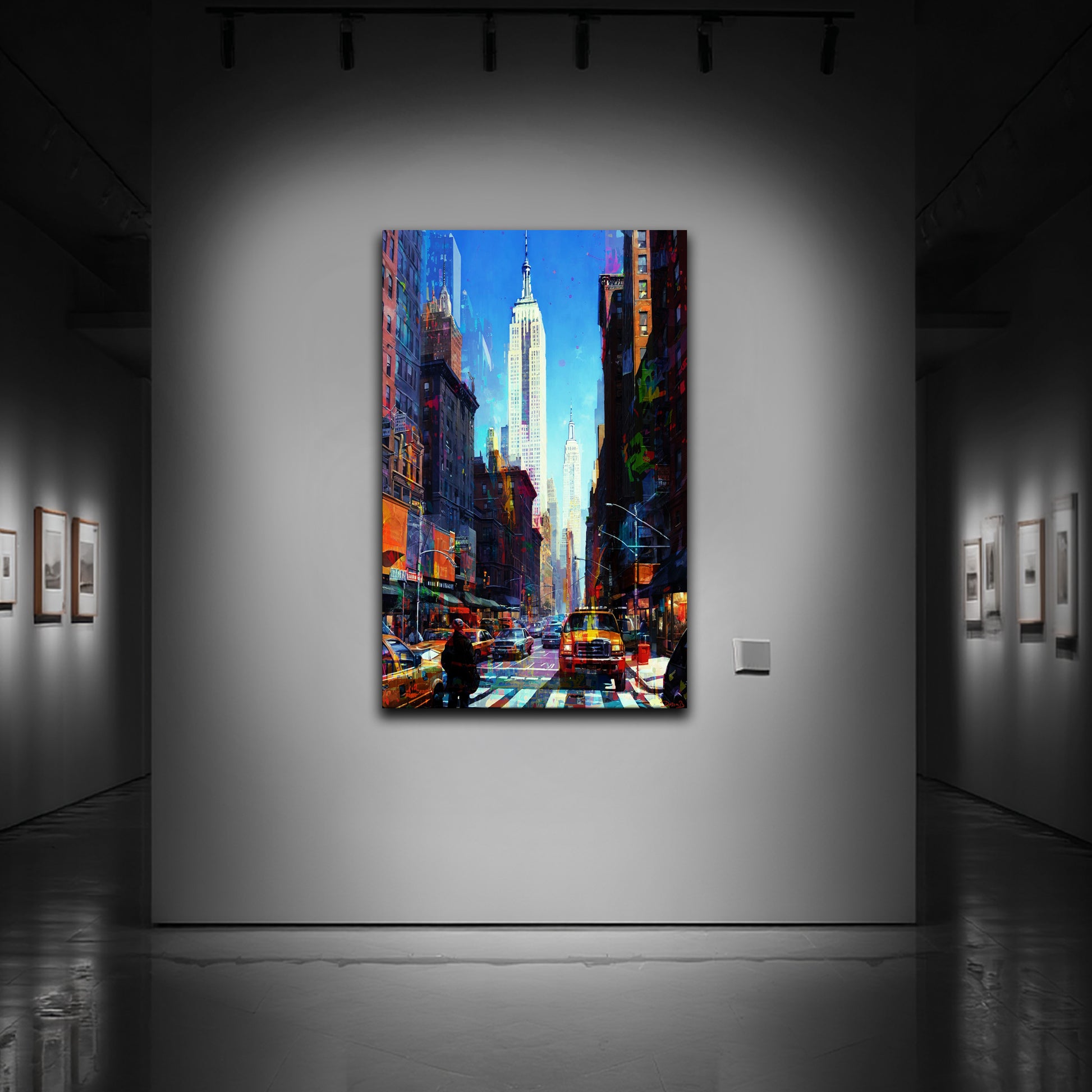 tableau urbain abstrait aux couleurs bleues et orangées.