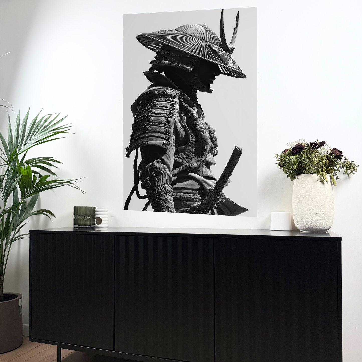 guerrier japonais de profil portant un chapeau et une armure