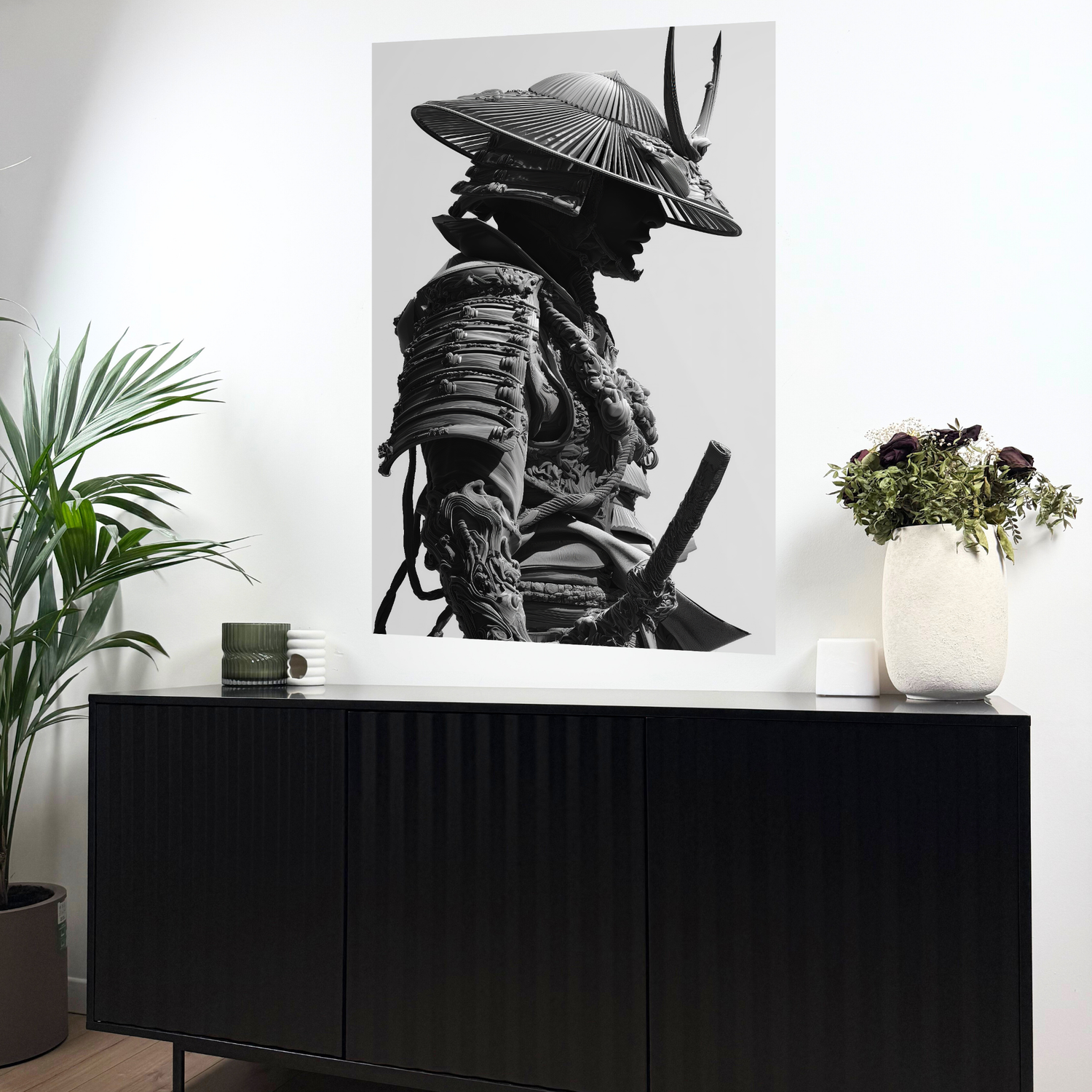 guerrier japonais de profil portant un chapeau et une armure