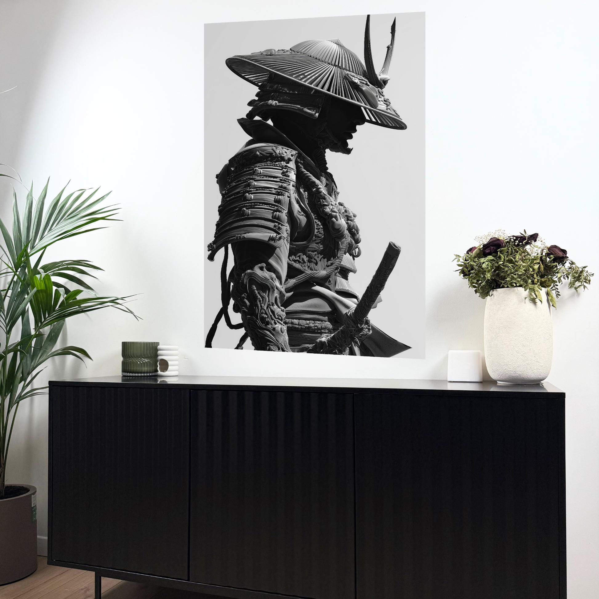 guerrier japonais de profil portant un chapeau et une armure