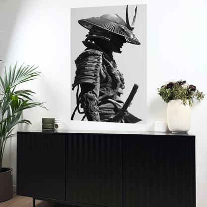 guerrier japonais de profil portant un chapeau et une armure