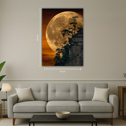 falaise et arbres éclairés par la pleine lune