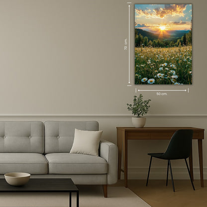 coucher de soleil sur un champ fleuri