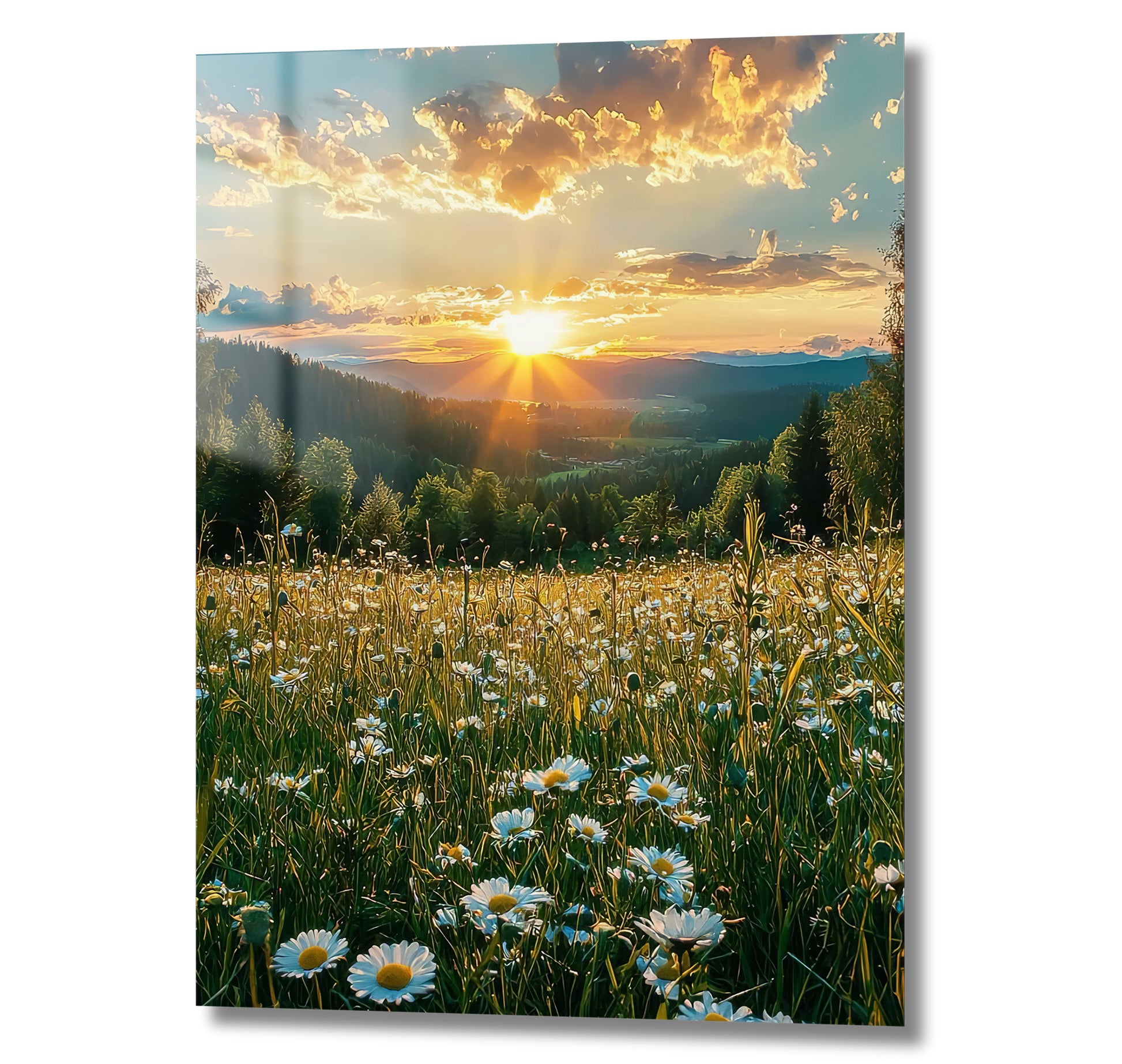 champ de marguerites au coucher du soleil