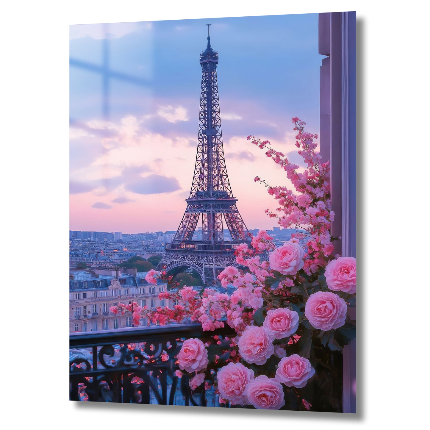 vue de la tour eiffel depuis un balcon avec fleurs roses