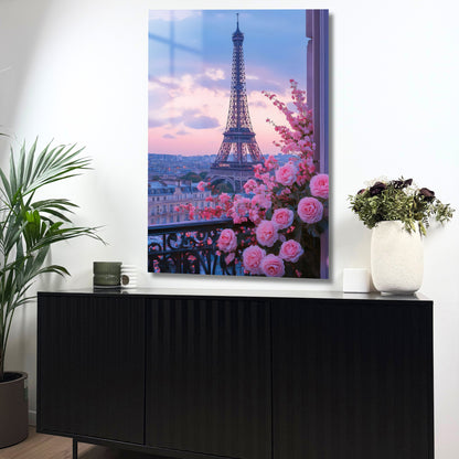 tableau montrant la tour eiffel et un bouquet de roses au premier plan