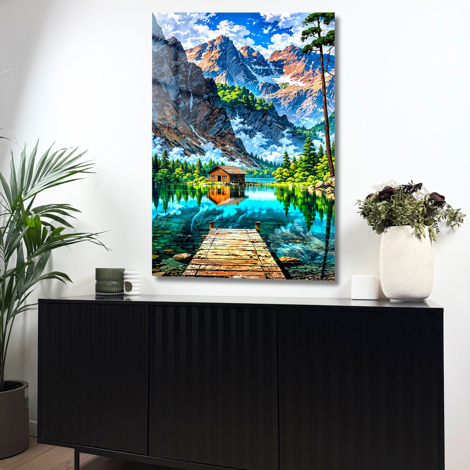 Vue d’un ponton en bois menant vers un lac alpin.