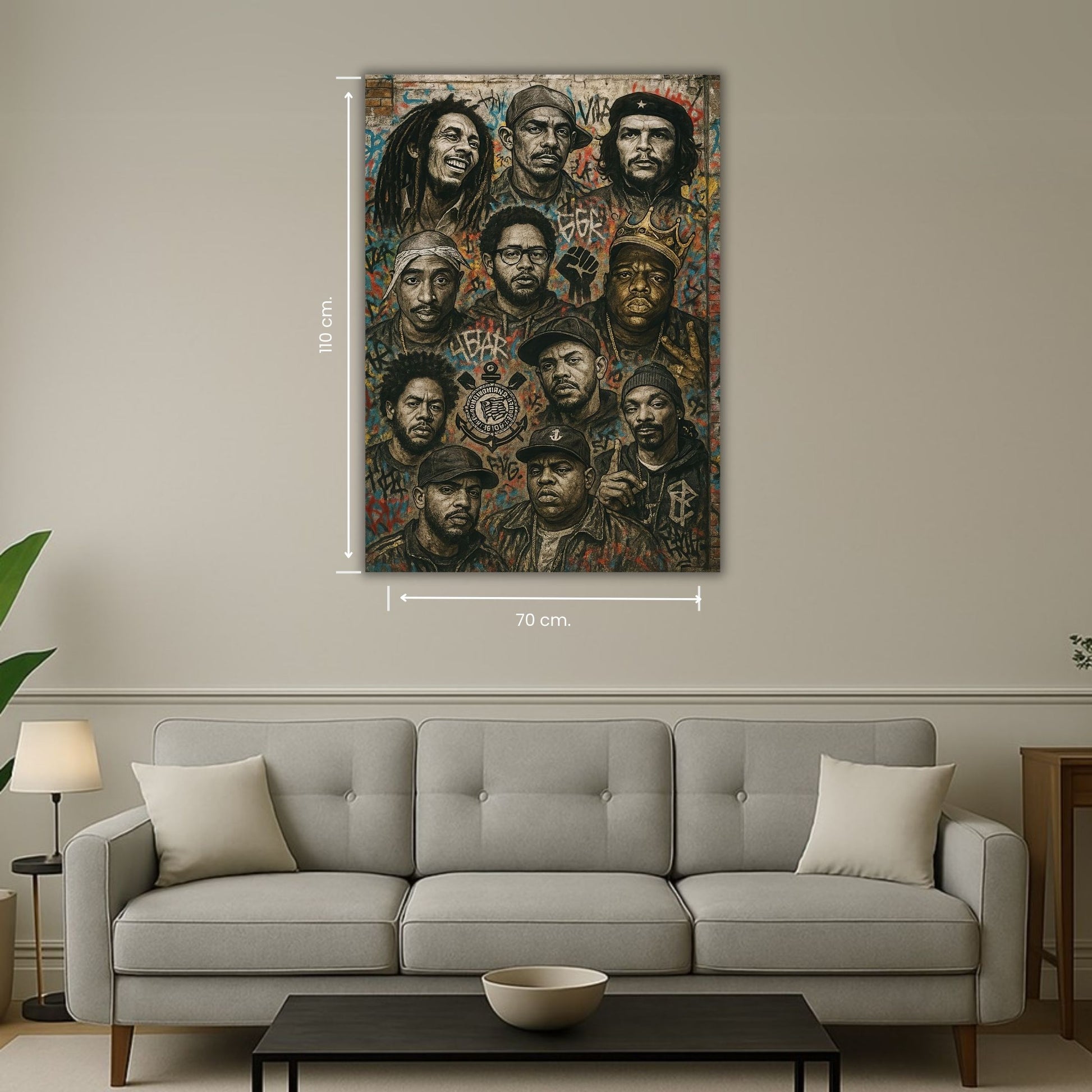 tableau représentant plusieurs portraits sur fond graffiti