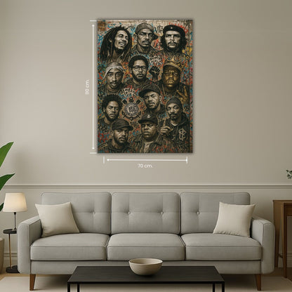 tableau représentant plusieurs portraits sur fond graffiti