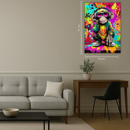 personnage de singe devant un fond street art multicolore