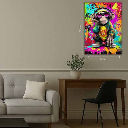 singe portant des lunettes et un casque dans un décor urbain