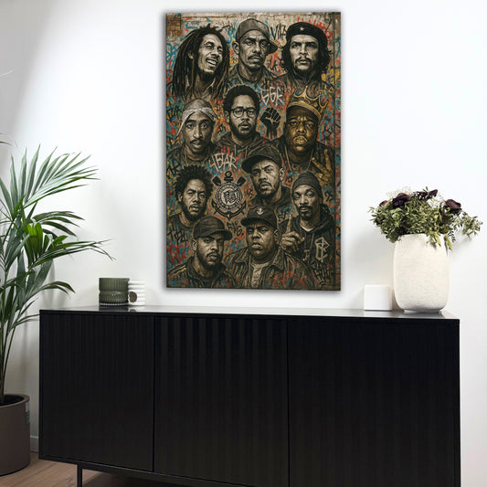 visages dessinés dans un décor street art multicolore