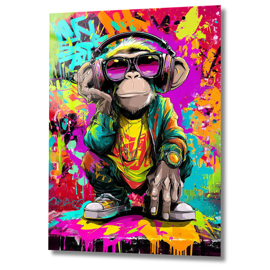 singe stylisé avec casque audio dans un décor graffiti