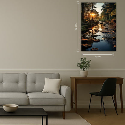 rochers dans une rivière en forêt au lever du soleil