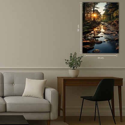 cour d’eau traversant une forêt éclairée par le soleil