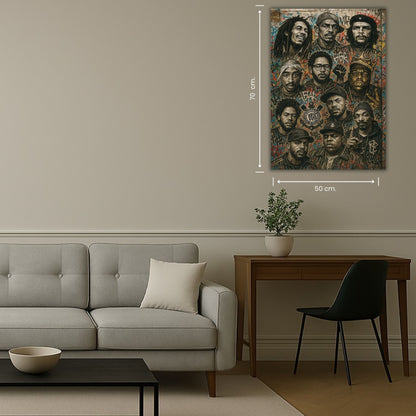 mur recouvert de portraits et de tags colorés