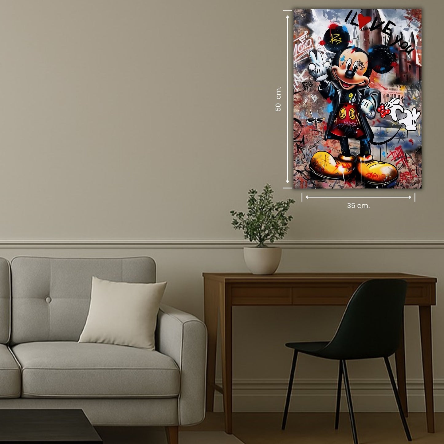 tableau mickey posé devant un mur graffiti