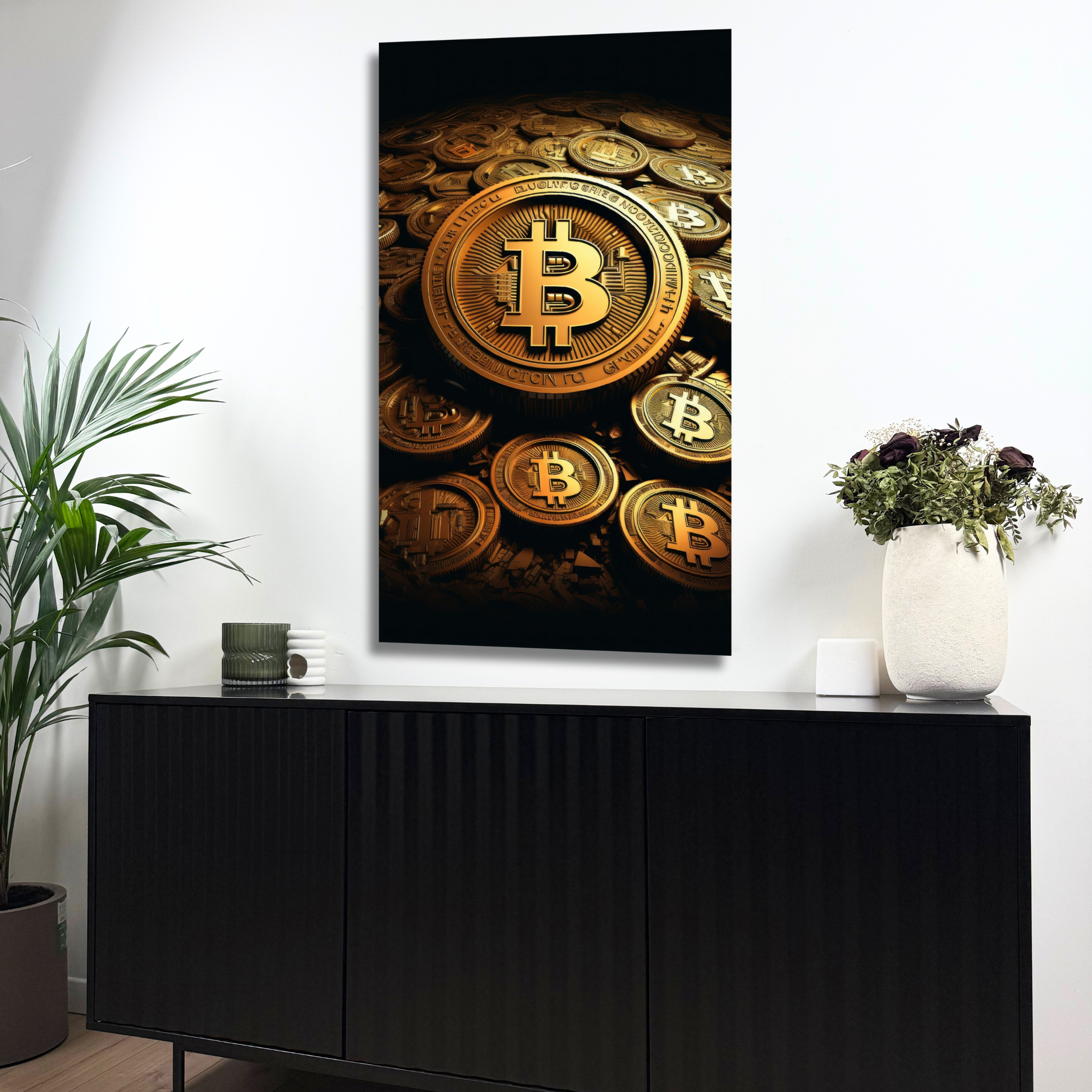 décoration murale crypto avec pièces bitcoin dorées
